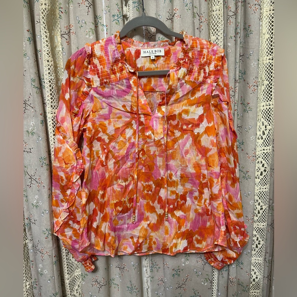 Hale Bob Los Angeles Cotton Floral‎ Ruffle Smocked Sleeve Blouse Size Small